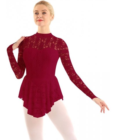 Lyrical Women's Adult Figure Ice Skating Dress Long Sleeves Spandex Gymnastics Leotard Lace Burgundy $11.38 Dresses