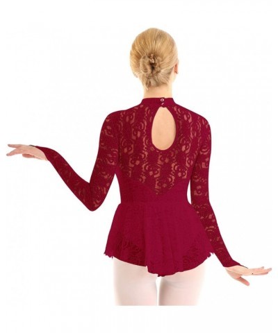 Lyrical Women's Adult Figure Ice Skating Dress Long Sleeves Spandex Gymnastics Leotard Lace Burgundy $11.38 Dresses