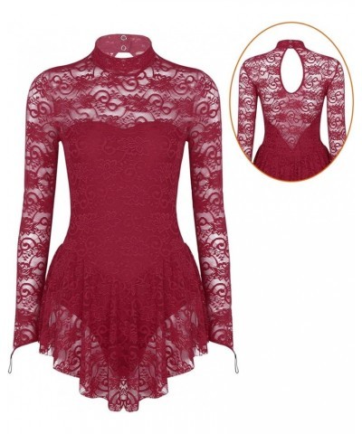 Lyrical Women's Adult Figure Ice Skating Dress Long Sleeves Spandex Gymnastics Leotard Lace Burgundy $11.38 Dresses