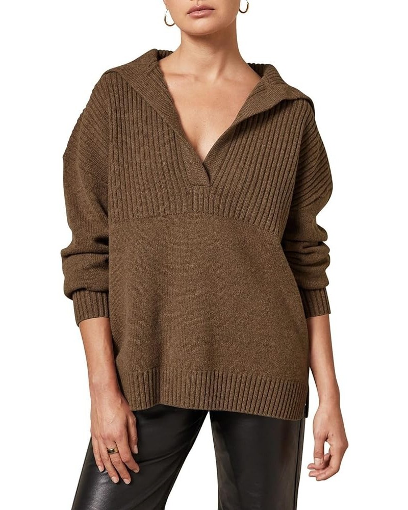 Women's Oversized V Neck Lapel Collared Sweater Tunic Pullover Knit Long Sleeve Sweaters Brown $20.29 Sweaters