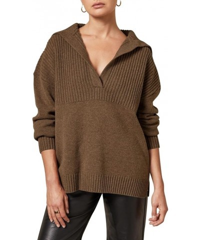 Women's Oversized V Neck Lapel Collared Sweater Tunic Pullover Knit Long Sleeve Sweaters Brown $20.29 Sweaters