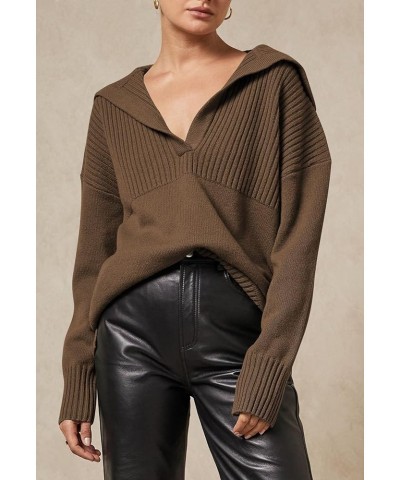 Women's Oversized V Neck Lapel Collared Sweater Tunic Pullover Knit Long Sleeve Sweaters Brown $20.29 Sweaters