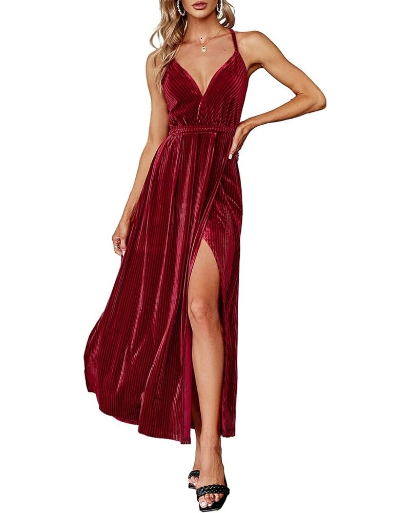 Women's Sexy Deep V Neck Backless Floral Print Split Maxi Party Dress B-velvet-burgundy $18.89 Dresses