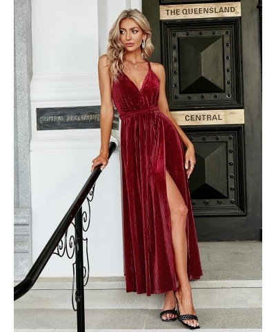 Women's Sexy Deep V Neck Backless Floral Print Split Maxi Party Dress B-velvet-burgundy $18.89 Dresses