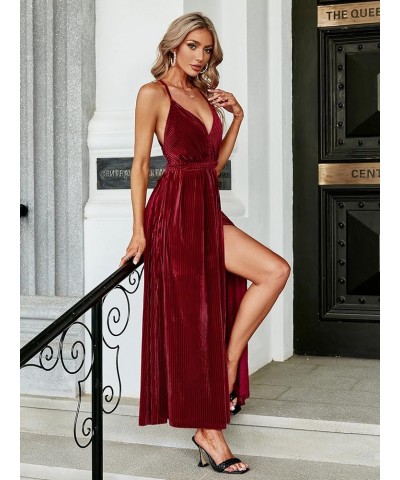 Women's Sexy Deep V Neck Backless Floral Print Split Maxi Party Dress B-velvet-burgundy $18.89 Dresses