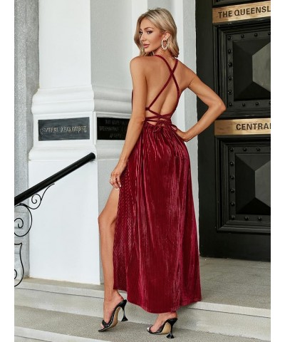 Women's Sexy Deep V Neck Backless Floral Print Split Maxi Party Dress B-velvet-burgundy $18.89 Dresses