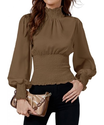 Women's Shirred Frill Mock Neck Smocked Puff Long Sleeve Blouse Top Camel $15.75 Blouses