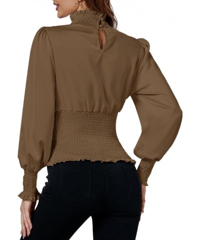 Women's Shirred Frill Mock Neck Smocked Puff Long Sleeve Blouse Top Camel $15.75 Blouses