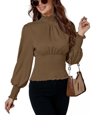 Women's Shirred Frill Mock Neck Smocked Puff Long Sleeve Blouse Top Camel $15.75 Blouses