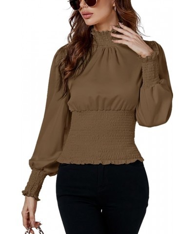 Women's Shirred Frill Mock Neck Smocked Puff Long Sleeve Blouse Top Camel $15.75 Blouses