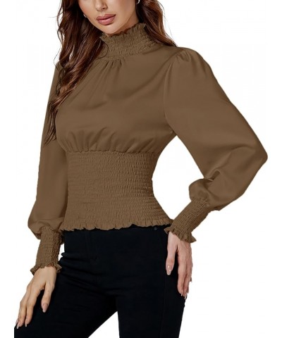 Women's Shirred Frill Mock Neck Smocked Puff Long Sleeve Blouse Top Camel $15.75 Blouses