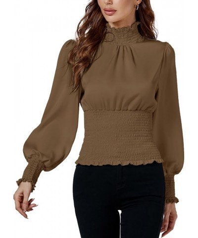 Women's Shirred Frill Mock Neck Smocked Puff Long Sleeve Blouse Top Camel $15.75 Blouses