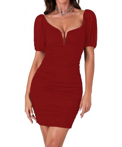 Women's Mesh Short Sleeve Sweetheart Neck Ruched Party Club Cocktail Bodycon Mini Dress Red $21.31 Dresses