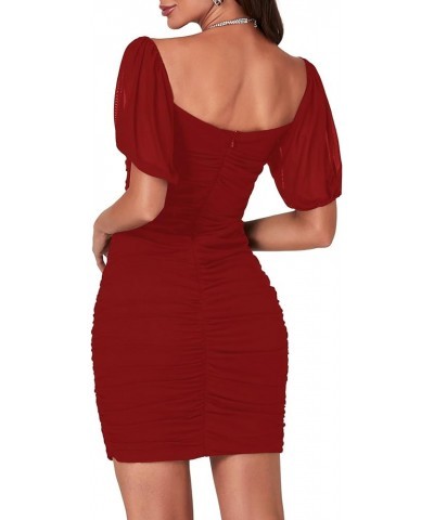 Women's Mesh Short Sleeve Sweetheart Neck Ruched Party Club Cocktail Bodycon Mini Dress Red $21.31 Dresses