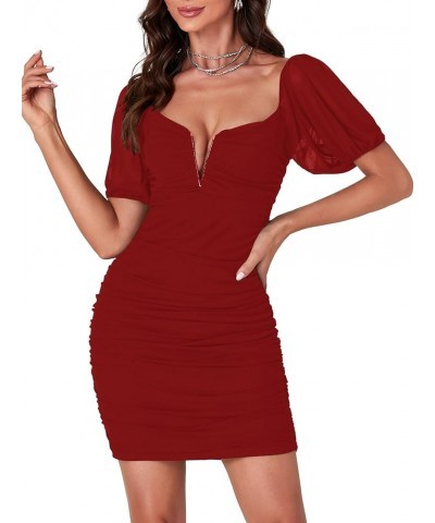 Women's Mesh Short Sleeve Sweetheart Neck Ruched Party Club Cocktail Bodycon Mini Dress Red $21.31 Dresses