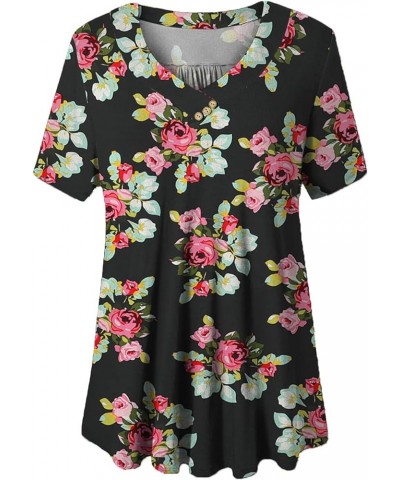 Women's Plus Size Short Sleeve Henley Shirt V Neck Floral Blouses Tunic Tops M-4XL Black Flower $9.17 Tops