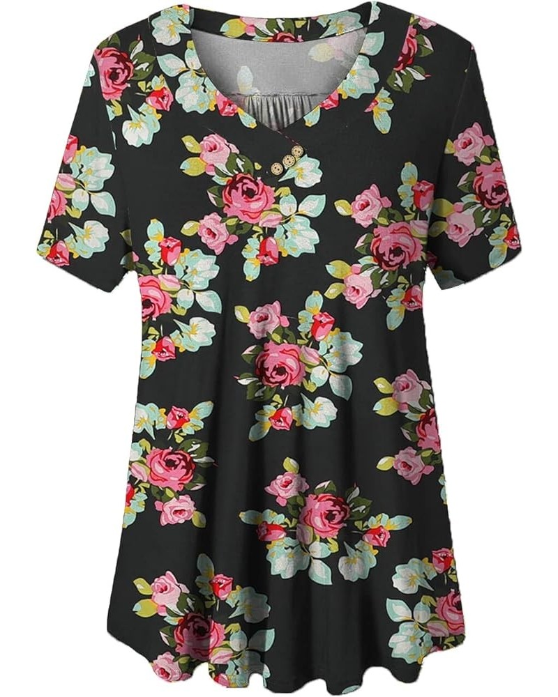 Women's Plus Size Short Sleeve Henley Shirt V Neck Floral Blouses Tunic Tops M-4XL Black Flower $9.17 Tops