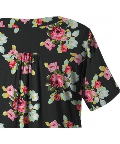 Women's Plus Size Short Sleeve Henley Shirt V Neck Floral Blouses Tunic Tops M-4XL Black Flower $9.17 Tops