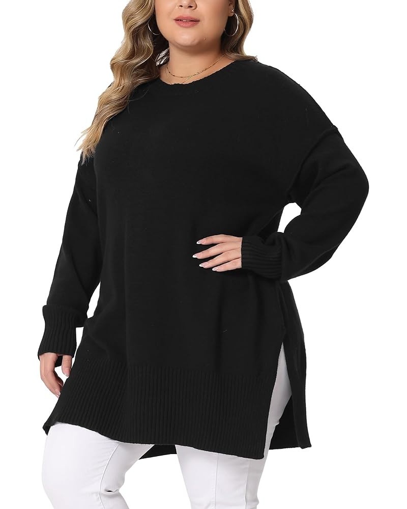 Plus Size Sweater for Women Oversized Crew Neck Long Sleeve Slit Hem Knit Pullover Sweater Tops 2023 Black $18.06 Sweaters