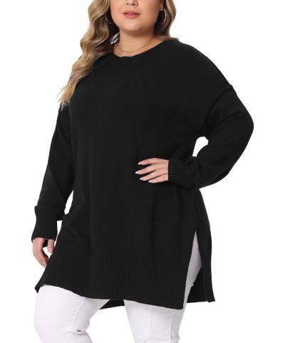 Plus Size Sweater for Women Oversized Crew Neck Long Sleeve Slit Hem Knit Pullover Sweater Tops 2023 Black $18.06 Sweaters