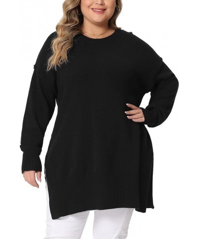 Plus Size Sweater for Women Oversized Crew Neck Long Sleeve Slit Hem Knit Pullover Sweater Tops 2023 Black $18.06 Sweaters