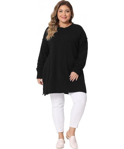 Plus Size Sweater for Women Oversized Crew Neck Long Sleeve Slit Hem Knit Pullover Sweater Tops 2023 Black $18.06 Sweaters