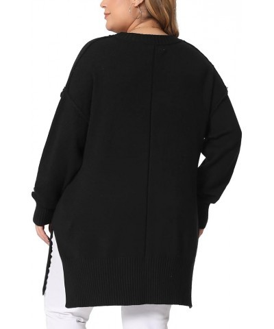 Plus Size Sweater for Women Oversized Crew Neck Long Sleeve Slit Hem Knit Pullover Sweater Tops 2023 Black $18.06 Sweaters