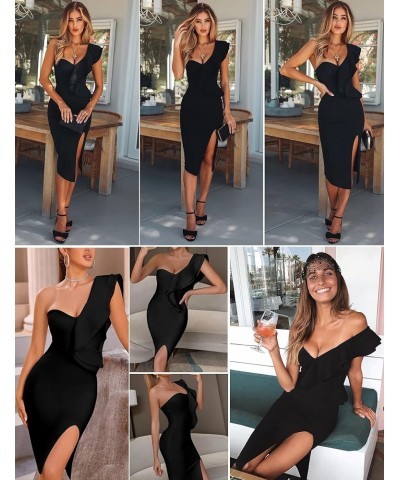 One Shoulder Ruffle Dress Side Split Bodycon Bandage Dress Wedding Guest Dress Black $38.47 Dresses