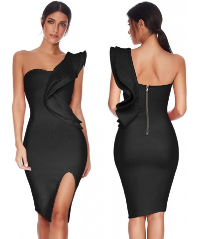 One Shoulder Ruffle Dress Side Split Bodycon Bandage Dress Wedding Guest Dress Black $38.47 Dresses