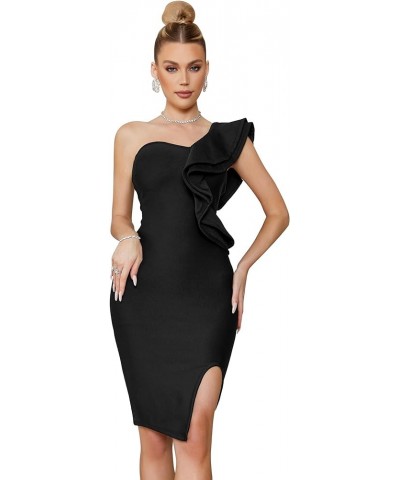 One Shoulder Ruffle Dress Side Split Bodycon Bandage Dress Wedding Guest Dress Black $38.47 Dresses