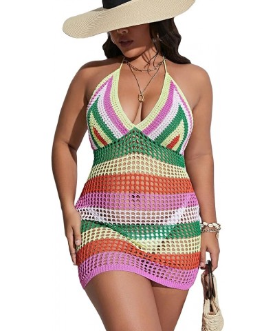 Women's Plus Size Knit Swimsuit Cover Up Striped Tie Backless Halter Beach Cover Up Dress Multicolor $13.64 Swimsuits