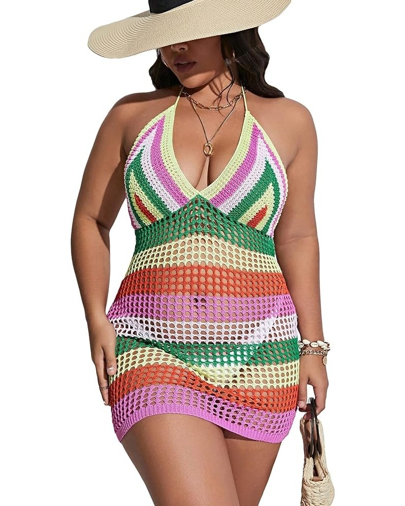 Women's Plus Size Knit Swimsuit Cover Up Striped Tie Backless Halter Beach Cover Up Dress Multicolor $13.64 Swimsuits