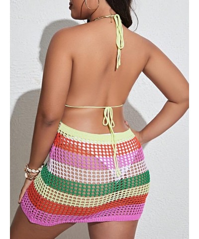 Women's Plus Size Knit Swimsuit Cover Up Striped Tie Backless Halter Beach Cover Up Dress Multicolor $13.64 Swimsuits