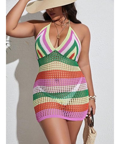 Women's Plus Size Knit Swimsuit Cover Up Striped Tie Backless Halter Beach Cover Up Dress Multicolor $13.64 Swimsuits