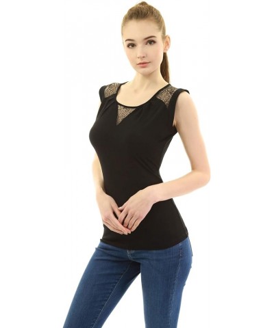 Women Crewneck Lace Inset Sleeveless Blouse Black $14.70 Blouses