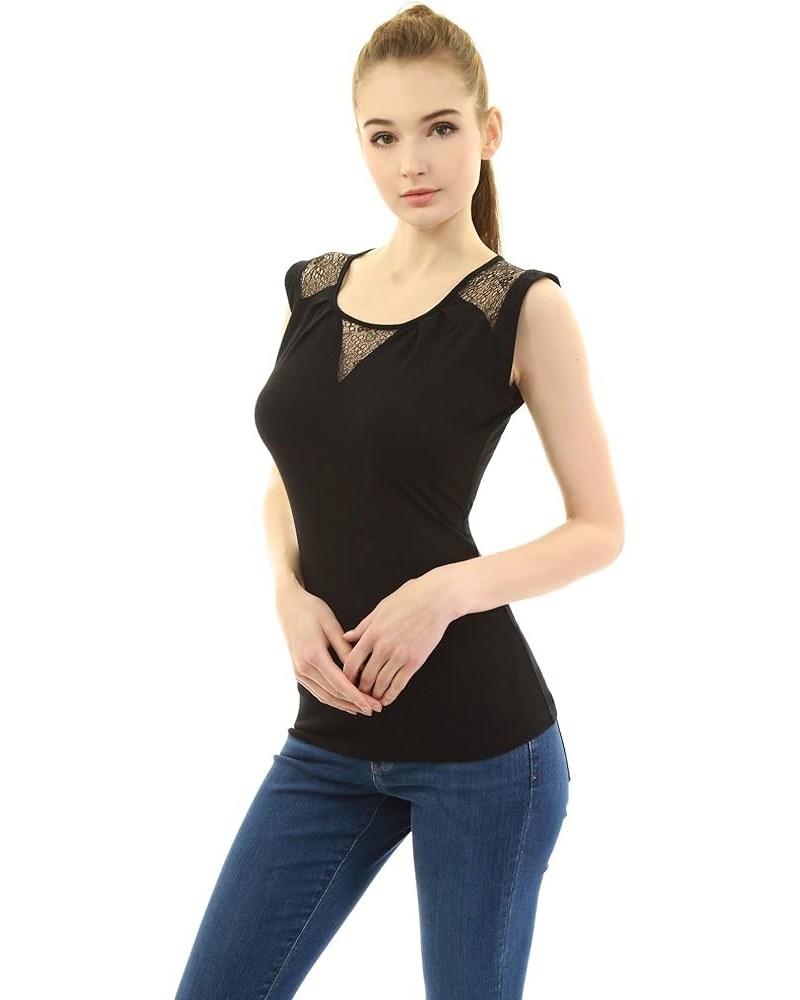 Women Crewneck Lace Inset Sleeveless Blouse Black $14.70 Blouses