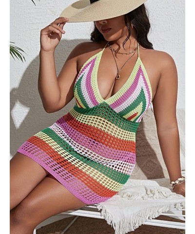 Women's Plus Size Knit Swimsuit Cover Up Striped Tie Backless Halter Beach Cover Up Dress Multicolor $13.64 Swimsuits