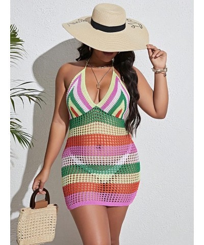 Women's Plus Size Knit Swimsuit Cover Up Striped Tie Backless Halter Beach Cover Up Dress Multicolor $13.64 Swimsuits