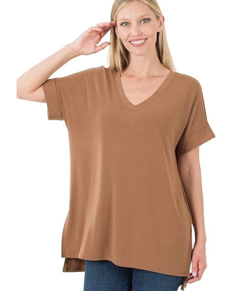 Rolled Short Sleeve Side Slit HI-Low Hem TOP Cocoa $10.48 Blouses