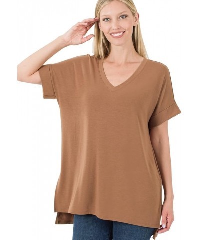 Rolled Short Sleeve Side Slit HI-Low Hem TOP Cocoa $10.48 Blouses