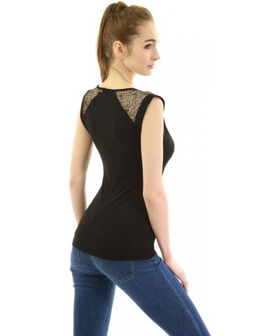 Women Crewneck Lace Inset Sleeveless Blouse Black $14.70 Blouses