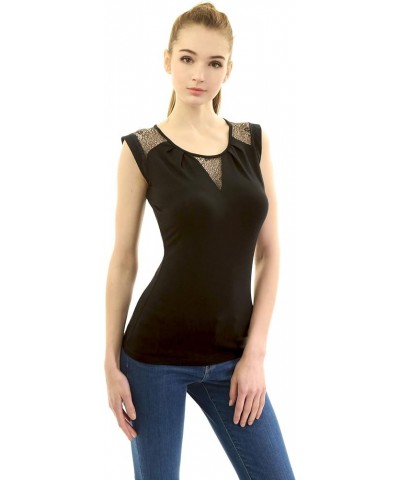 Women Crewneck Lace Inset Sleeveless Blouse Black $14.70 Blouses