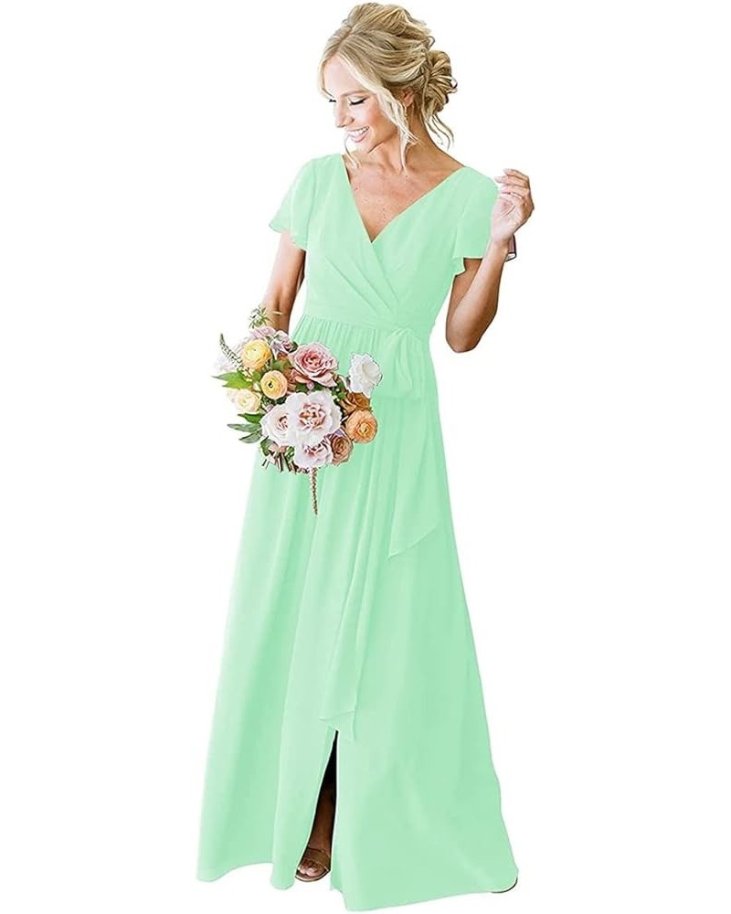 Women's V-Neck Short Sleeve Bridesmaid Dress with Pockets Pleated Long Chiffon A-line Formal Evening Dresses Mint Green $32.9...