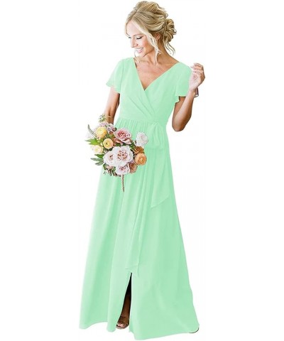 Women's V-Neck Short Sleeve Bridesmaid Dress with Pockets Pleated Long Chiffon A-line Formal Evening Dresses Mint Green $32.9...