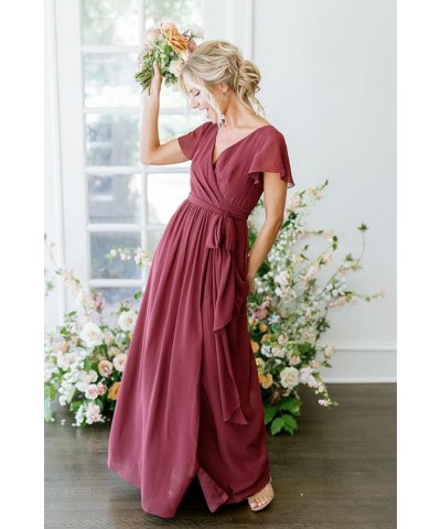 Women's V-Neck Short Sleeve Bridesmaid Dress with Pockets Pleated Long Chiffon A-line Formal Evening Dresses Mint Green $32.9...