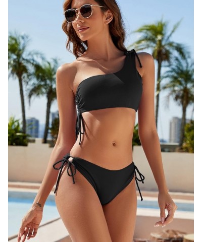 Women One Shoulder Bikini Set Two Piece Ribbed High Cut Swimsuits Cheeky Side Tie Bottom String Bathing Suits Green $17.55 Sw...