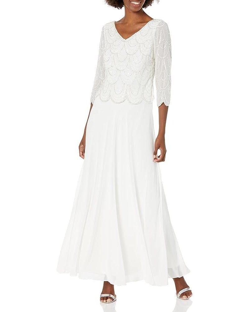 Women's Petite 3/4 Sleeve with Scallop Beaded Pop Over Gown Ivory Multi $62.54 Dresses