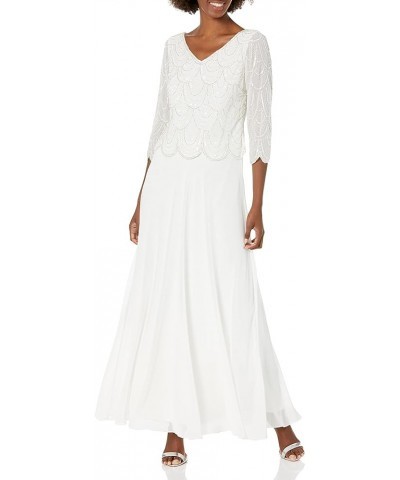 Women's Petite 3/4 Sleeve with Scallop Beaded Pop Over Gown Ivory Multi $62.54 Dresses