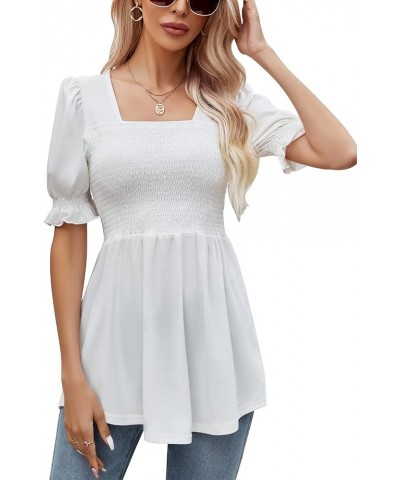 Women's Tunics Square Neck Puff Short Sleeve Smocked Top Ladies Peplum Blouse Tee Shirts 2023 Spring Summer S-XL White Short ...