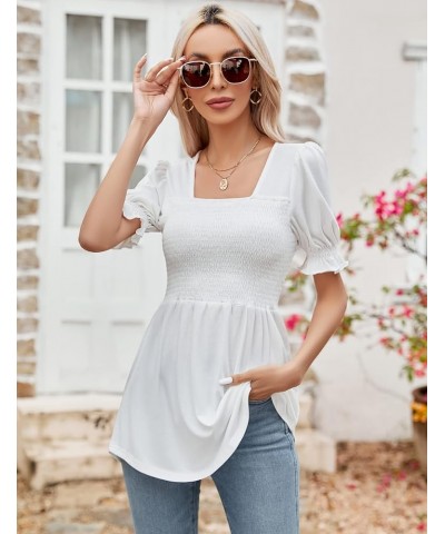 Women's Tunics Square Neck Puff Short Sleeve Smocked Top Ladies Peplum Blouse Tee Shirts 2023 Spring Summer S-XL White Short ...